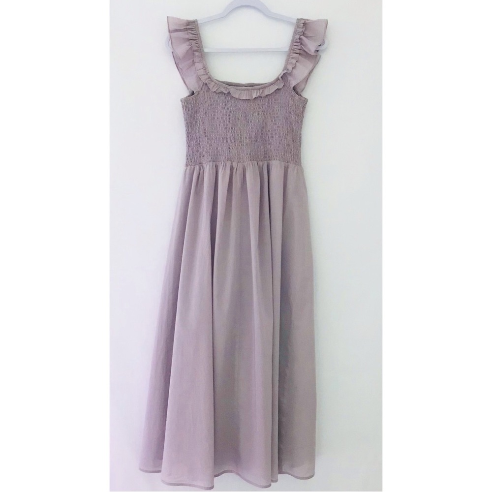 REFORMATION Noreen Smocked Ruffle Dress Midi Organic Cotton Lilac - Picture 9 of 14